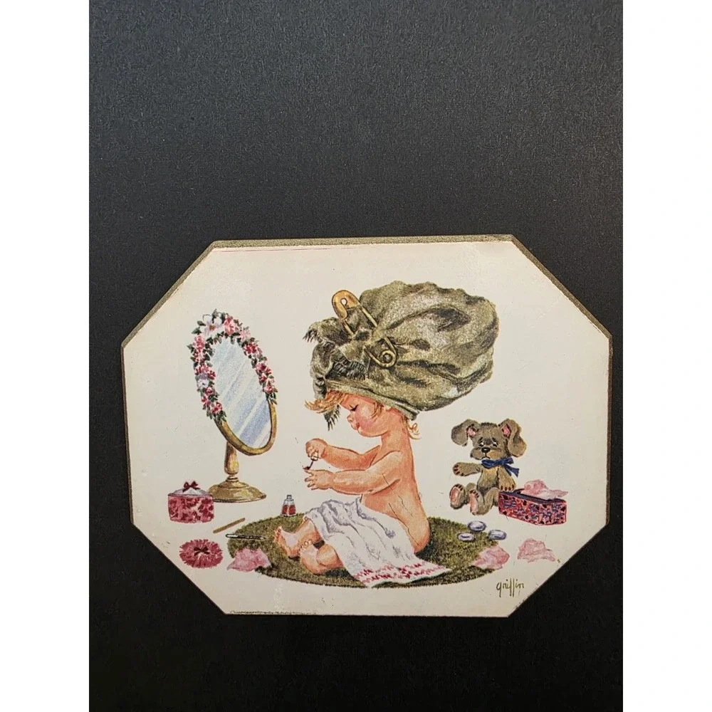 VTG 60s Griffin Kitsch 2 Lil Girl Wall Plaques Doggy Bathroom Beauty Manicure
